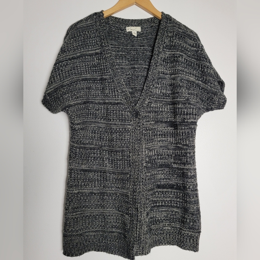 Kim Rogers Black Gray Acrylic Knit Cardigan Short Sleeve Long Length Large